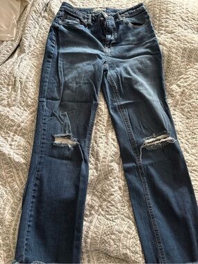 Dark Blue Women's Ripped Straight-Leg Jeans